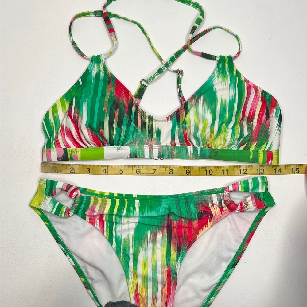 Athleta Wailea Scoop Crisscross Green Pink Striped Bikini small - Picture 5 of 9